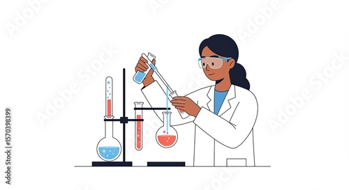 Female scientist conducting experiment with glassware in laboratory setup