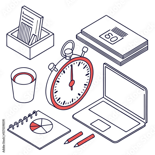 Isometric illustration of a desk setup featuring a stopwatch laptop notebook with pie chart pencils cup and document holder symbolizing productivity and time management