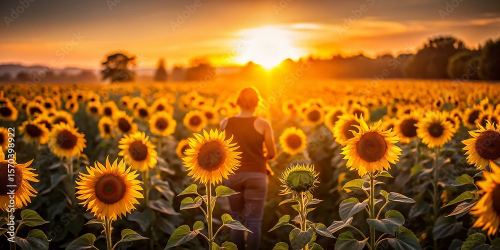 Obraz premium Summer Sunflowers: Person in Vibrant Field at Golden Hour