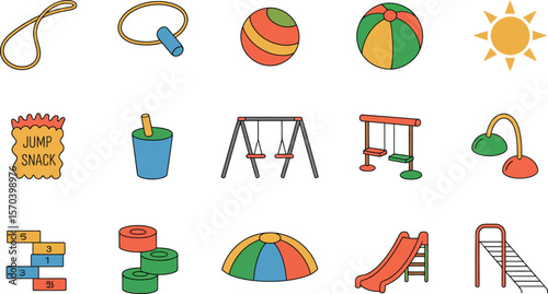 A cartoon illustration of various playground equipment and accessories on white background