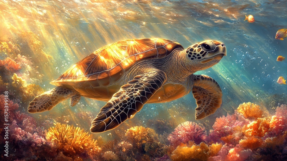 Fototapeta premium Majestic sea turtle gracefully swimming amidst vibrant coral reefs.