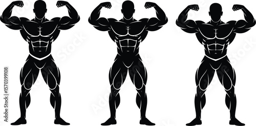 Three black silhouette bodybuilders posing with flexing muscles on white background