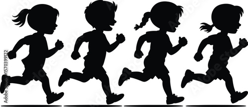 Four children silhouettes running in a row with white background illustration