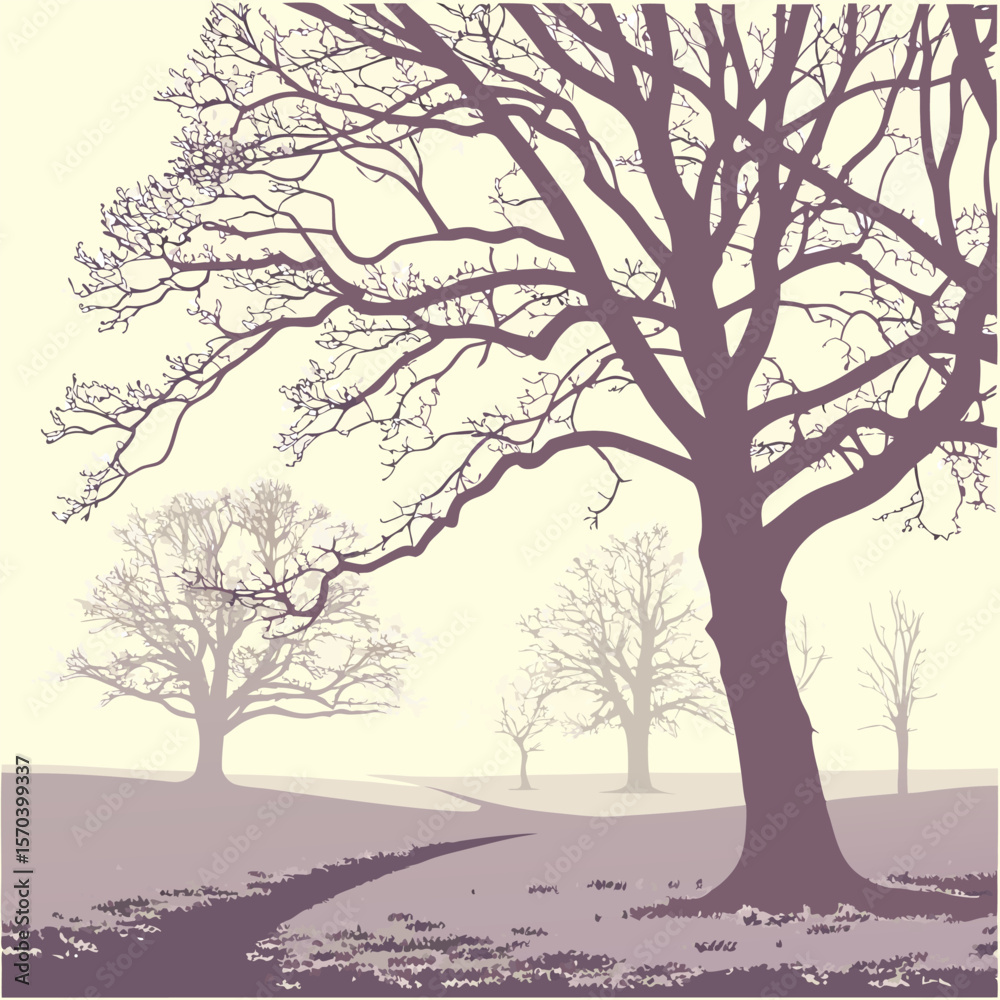 Obraz premium A solitary winding path leads through a serene landscape of bare winter trees under a pale sky evoking a sense of quiet solitude and natural beauty