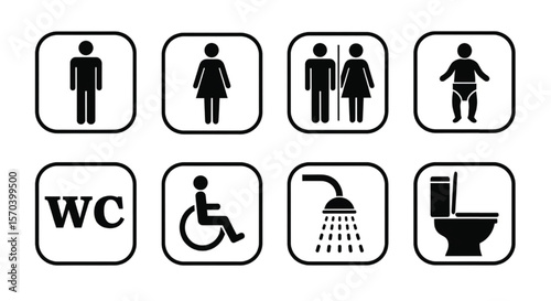 Collection of Universal Restroom and Accessibility Symbols for Public Facilities and Information Signage
