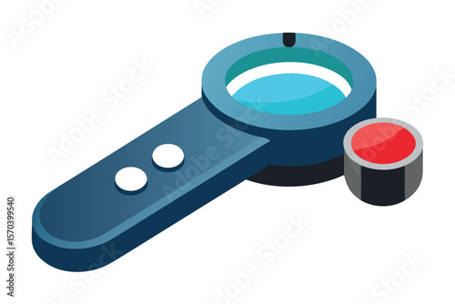 Stylized isometric magnifying glass and red button icon