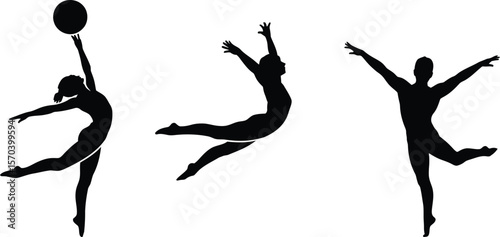 Silhouette of three dancers in various poses against a white background space art
