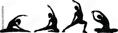 Silhouette of four figures performing yoga poses on a white background studio shot