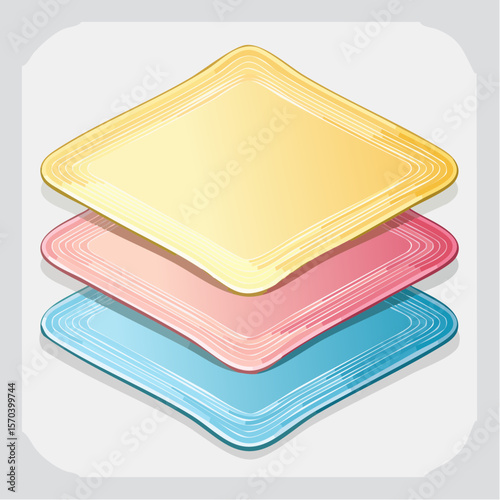 layered label stack with three overlapping pastel gradient rectangular labels in soft hues