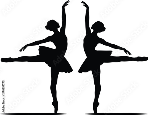 Silhouette of two ballerinas in arabesque pose on a white background artful design