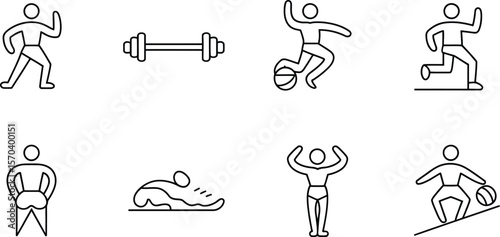 Line art icons depicting various physical activities and fitness related exercises
