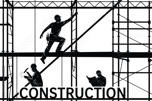 Construction workers on scaffold, structural teamwork at building site, industrial labor effort, blueprint planning, hammer welding tools, working safely
