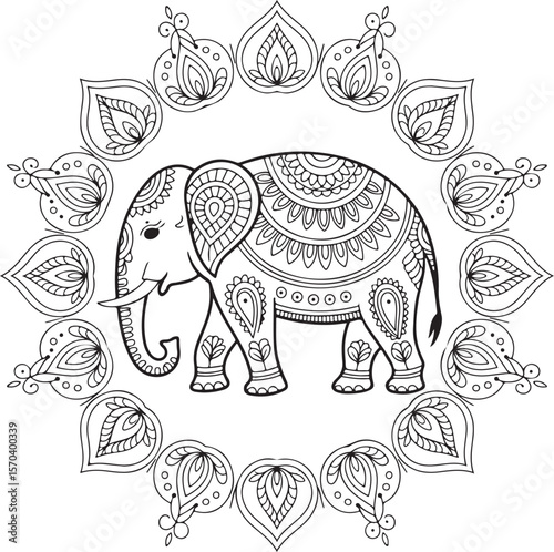 Ornate Elephant Line Art SVG

