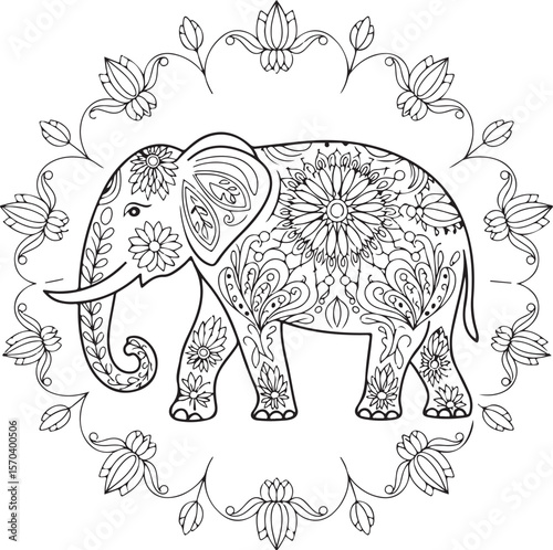 Ornate Elephant Line Art SVG

