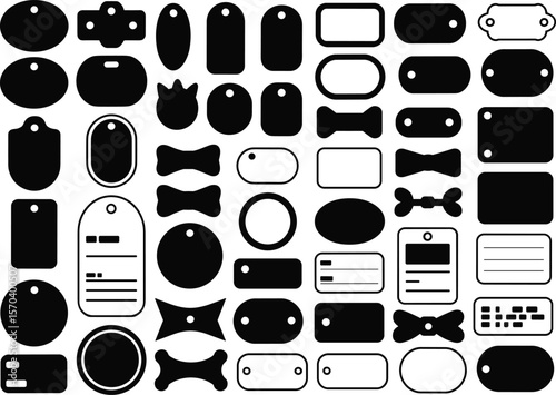 Dog tag silhouette set, vector pet ID shapes, animal nameplate icons, black label collection, customizable pet accessory design.
