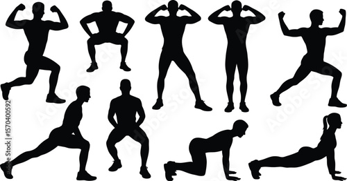 Various silhouettes of people performing exercise routines on a white background