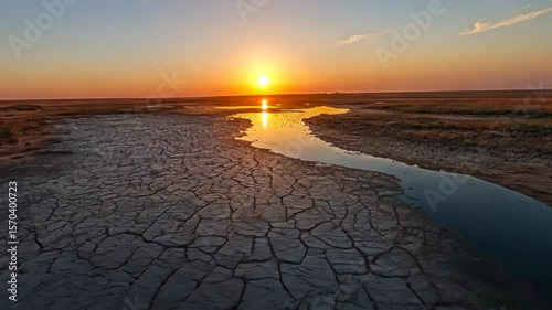 Sunrise over cracked earth and river