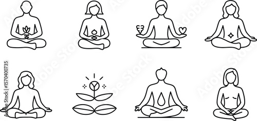 Various line art illustrations of people in meditative poses with symbolic elements