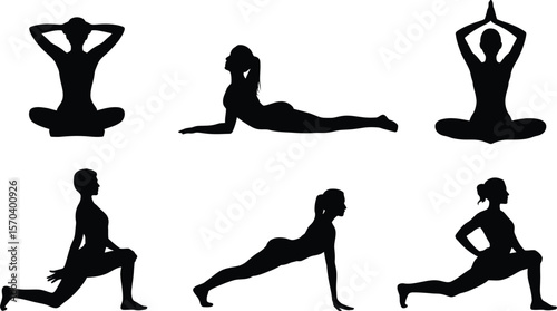 Silhouettes of women performing different yoga poses on a white background setup