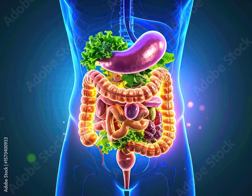 Human digestive system with food