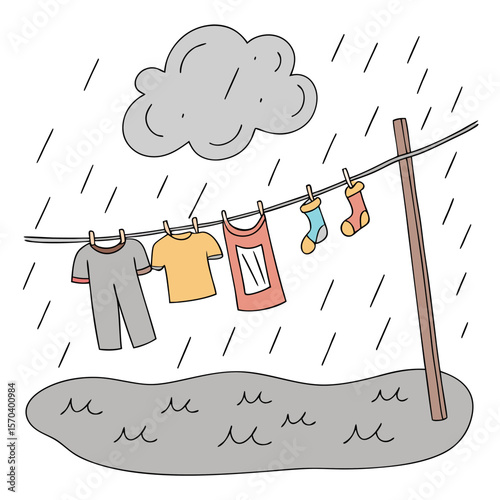 Damp laundry hangs on a clothesline under a gray rain cloud with falling rain and a puddle below
