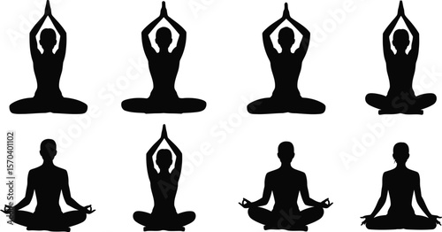 Eight silhouettes of people in various yoga poses sitting in meditation position