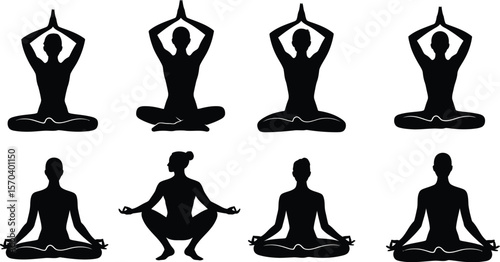 Various yoga poses silhouettes on a white background showing mindfulness and balance
