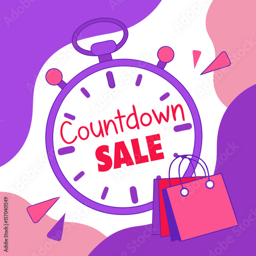 Creative illustration of a stopwatch with the words countdown sale inside and shopping bags representing time limited offers and promotions