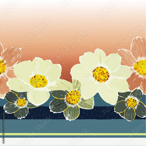yellow dusty blush mini-floret stripe with muted rose hues and delicate floral row repeats