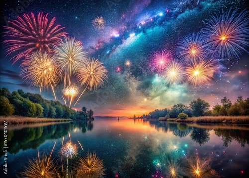 Surreal Night River Fireworks Display: Magical Explosions of Color