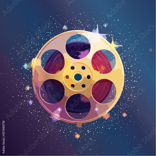 five-spoke iridescent film reel with layered strips and luminous cinematic shine