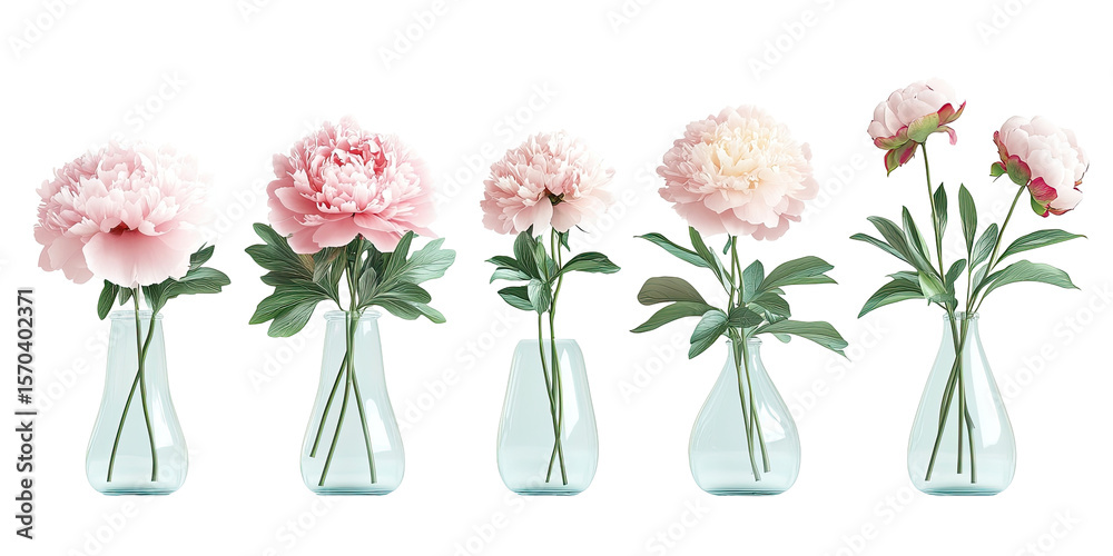 Pink peonies in light teal glass vases Pink peonies in light teal glass vases