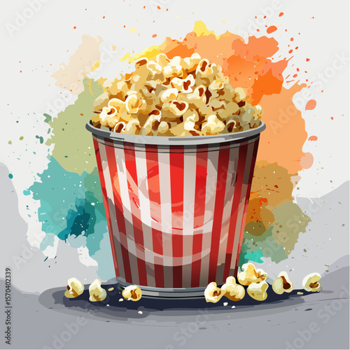 spilled popcorn bucket in soft watercolor splashes with playful snack motion