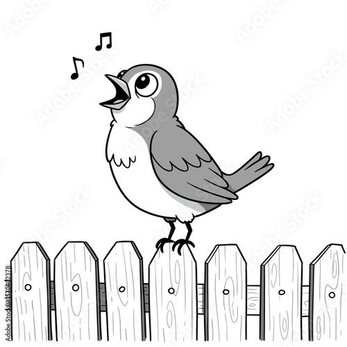 A round cartoon bird with big eyes sings joyfully on a wooden fence, with musical notes floating nearby in a grayscale setting.
