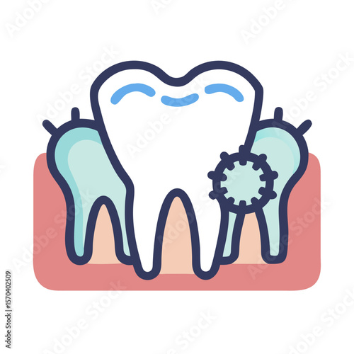 Cartoon tooth with decay and bacteria affecting the gums