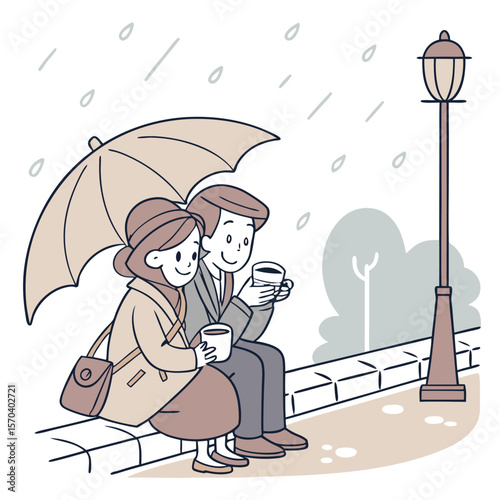 A charming couple enjoys hot beverages under a shared umbrella while sitting on a curb during a gentle rain shower next to a lamppost
