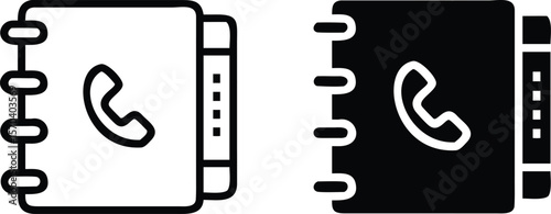 Phone Book Icon Set – Black and White Contact Directory Vector Symbols with Spiral and Call Graphic