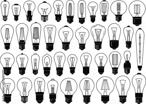 Vintage light bulbs, filament bulb icons, electric lamp designs, retro lighting set, incandescent bulb shapes, black and white illustration collection