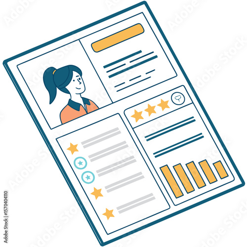 Flat illustration of a stylized resume or profile page featuring a smiling woman s portrait star ratings and bar graphs representing achievements or skills