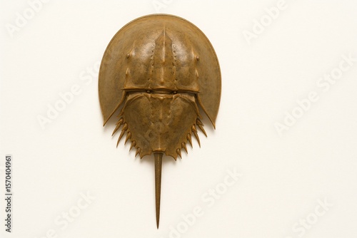 Detailed top-down studio shot of a preserved horseshoe crab specimen on a white background, showcasing its segmented carapace and tail spine for educational and scientific illustration