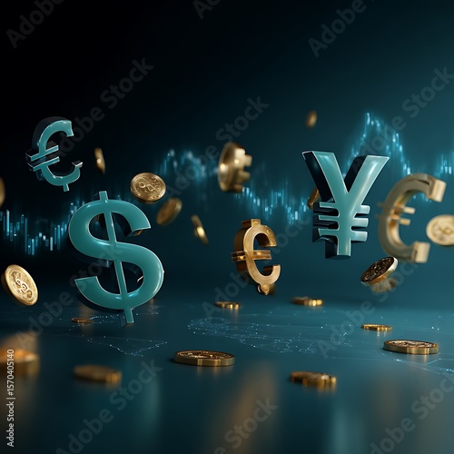 Currency Symbols and Coins Floating Above Blue Surface with Stock Chart in Background