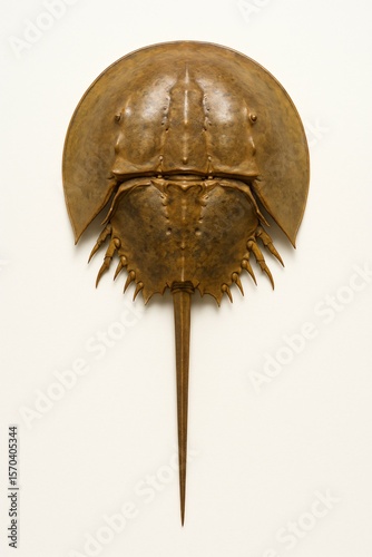 Detailed top-down studio shot of a preserved horseshoe crab specimen on a white background, showcasing its segmented carapace and tail spine for educational and scientific illustration