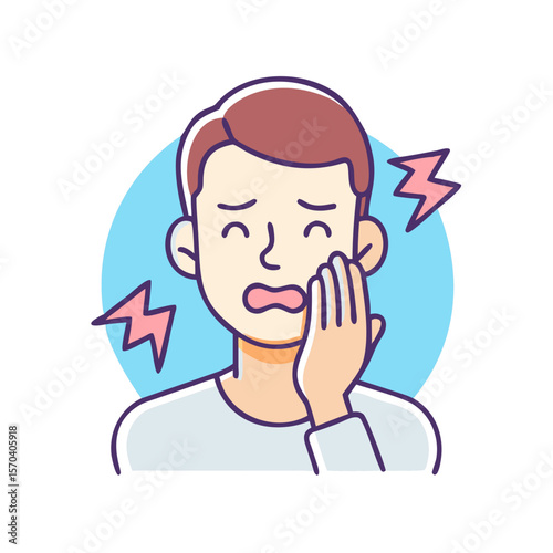 Man with toothache holding cheek in pain cartoon