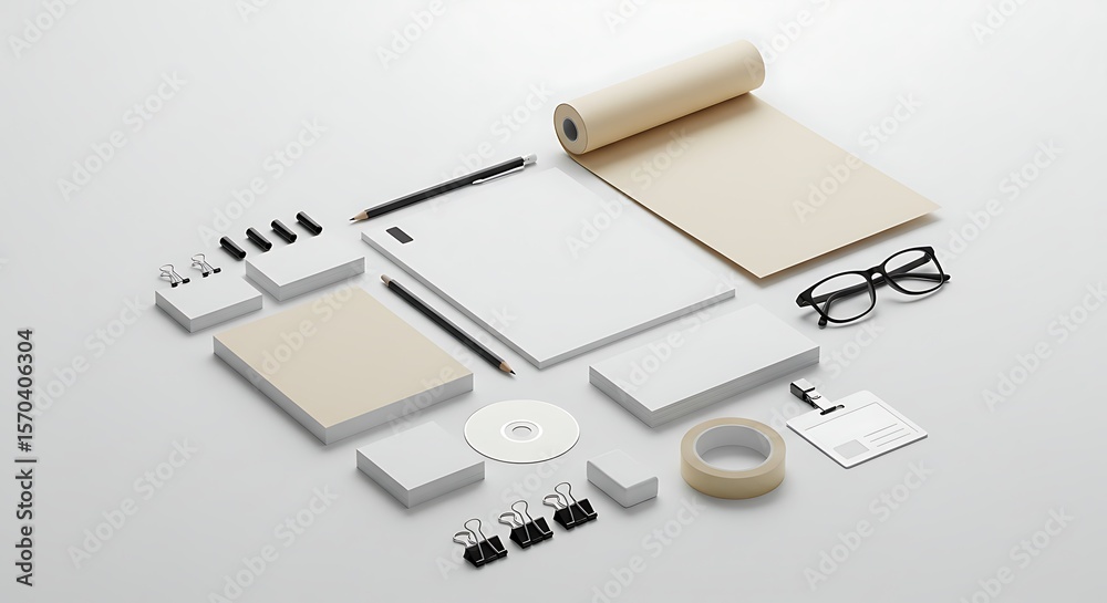 Fototapeta premium Minimalist stationery mockup featuring paper, pencils, and office supplies on a white surface