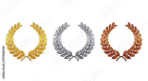 Gold Silver Bronze Laurel Wreaths Representing First Second Third Place Achievement and Victory Recognition