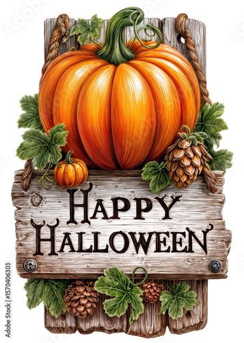 A charming wooden sign features the words Happy Halloween, surrounded by a bright orange pumpkin and green leaves. This festive decor captures the essence of autumn and holiday cheer.