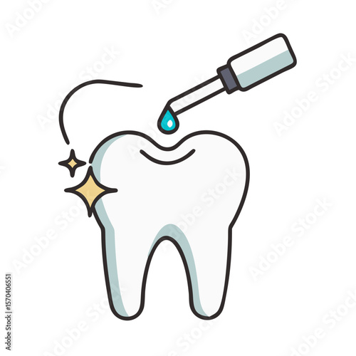 Cartoon tooth receiving fluoride treatment with dropper tool