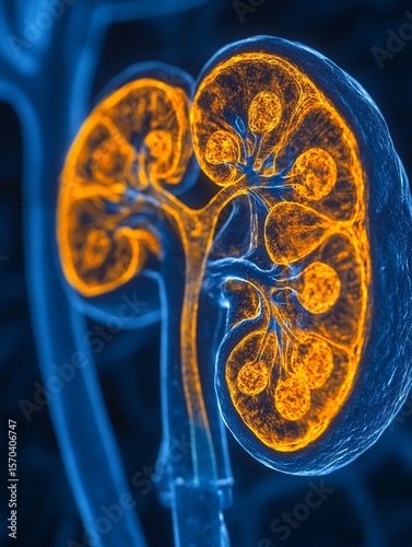 Anatomical illustration of two kidneys, highlighting the internal structures in orange against a blue background.