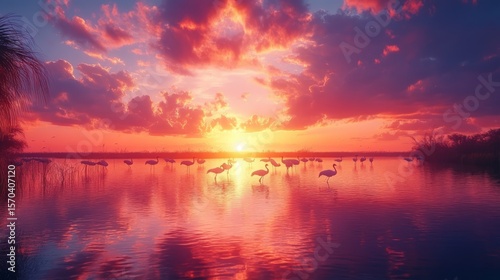 Flamingos at sunset over a tranquil lagoon.