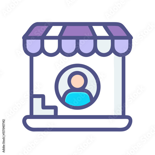 Graphic illustration of a vendor booth with a person